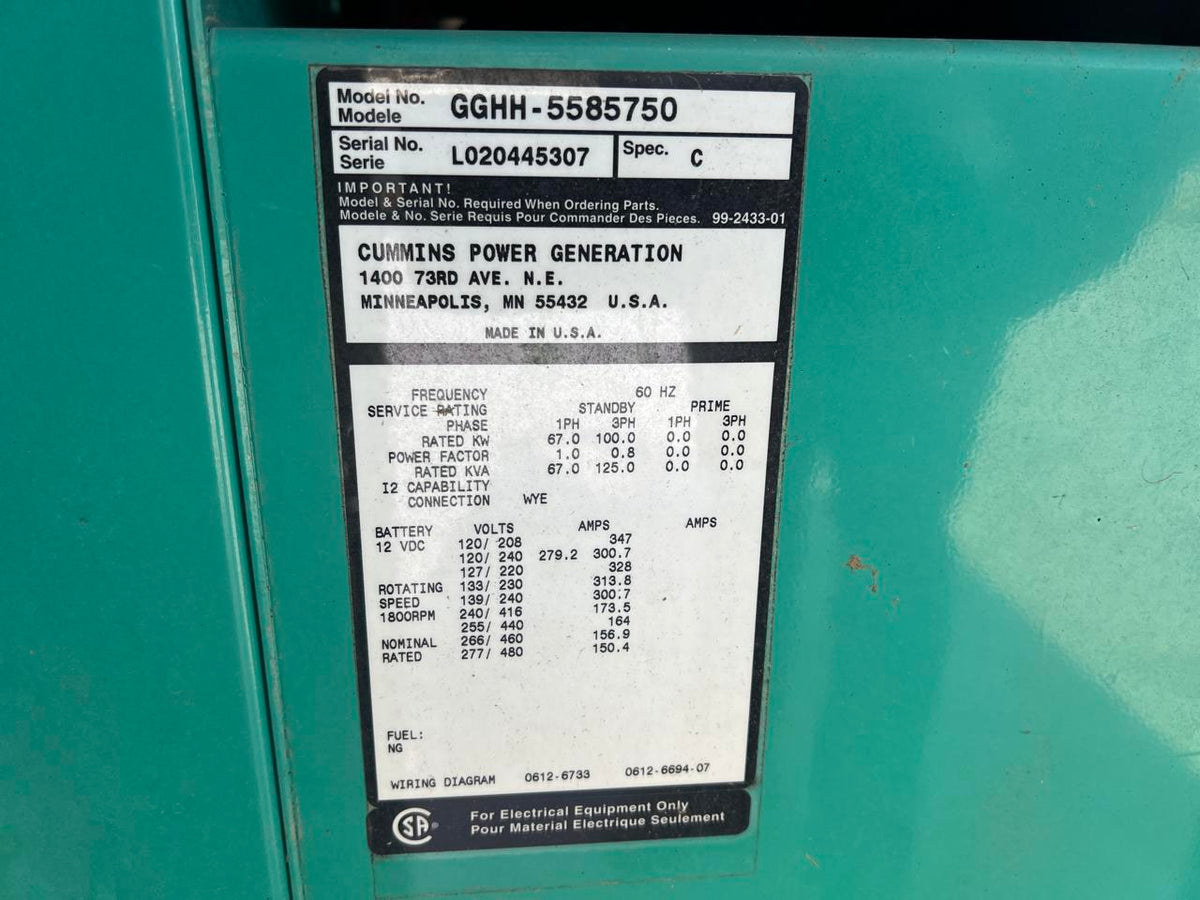 100 kW Cummins/Onan Generator Ford Engine Year – 2002 564 Hours with Enclosure