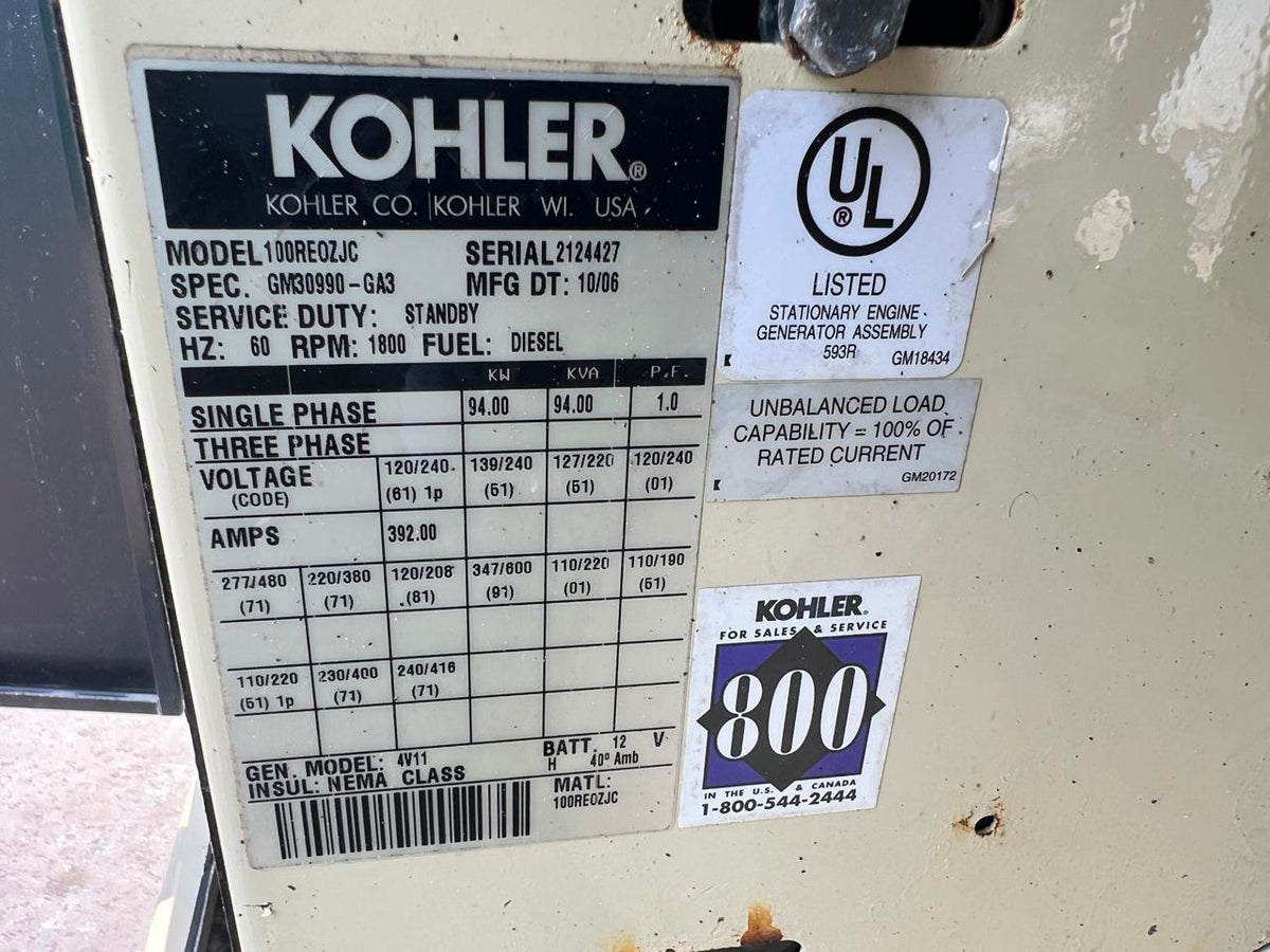 100 kW Kohler Generator, with Enclosure, 4.5 Liter John Deere Engine, Year – 2006, 288 Hours