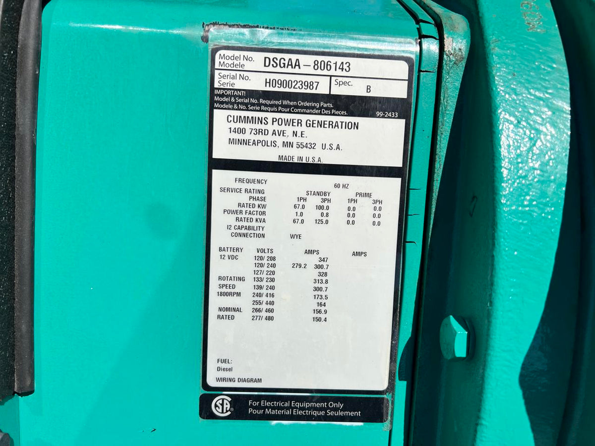 100 kW Cummins/Onan GenSet, QSB 6.7 Cummins Engine, Year – 2009, US EPA Tier 3 Pre Emission Engine