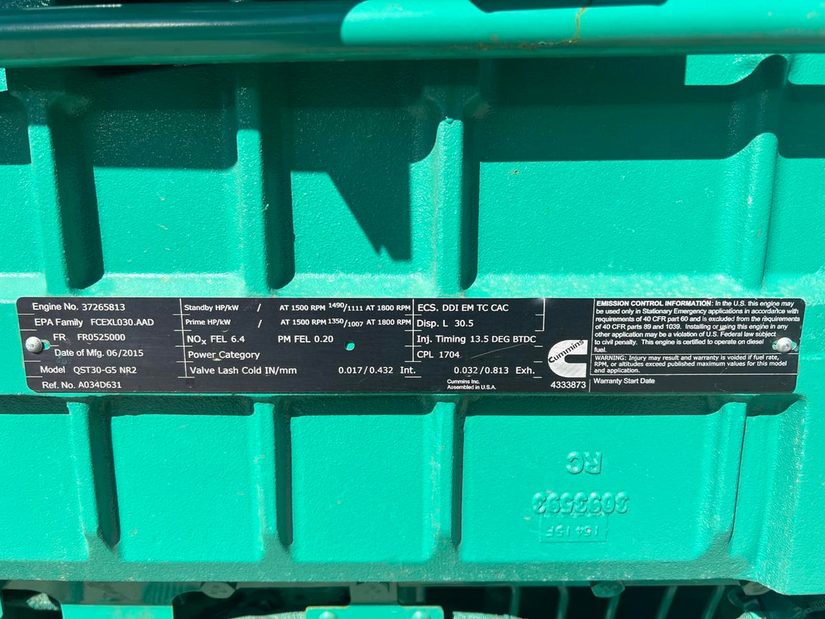 1000 kW Cummins/Onan Gen Set, QST30 Liter Cummins Engine, Year – 2015, 263  Hours, Open Skid, US EPA Tier 2 Pre Emission Engine, No After Treatment