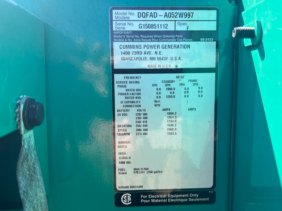 1000 kW Cummins/Onan Gen Set, QST30 Liter Cummins Engine, Year – 2015, 263  Hours, Open Skid, US EPA Tier 2 Pre Emission Engine, No After Treatment