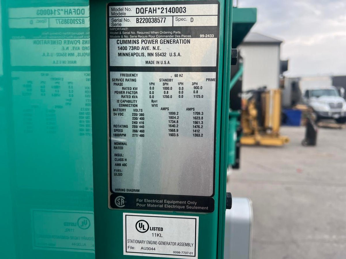 1000kW Cummins/Onan GenSet 30 Liter Cummins Engine New Surplus Year  2021 6 Hours US EPA Tier 4 with Remote after Treatment System Included DSLP1158