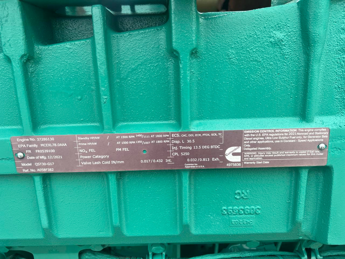 1000kW Cummins/Onan GenSet 30 Liter Cummins Engine New Surplus Year  2021 6 Hours US EPA Tier 4 with Remote after Treatment System Included DSLP1158