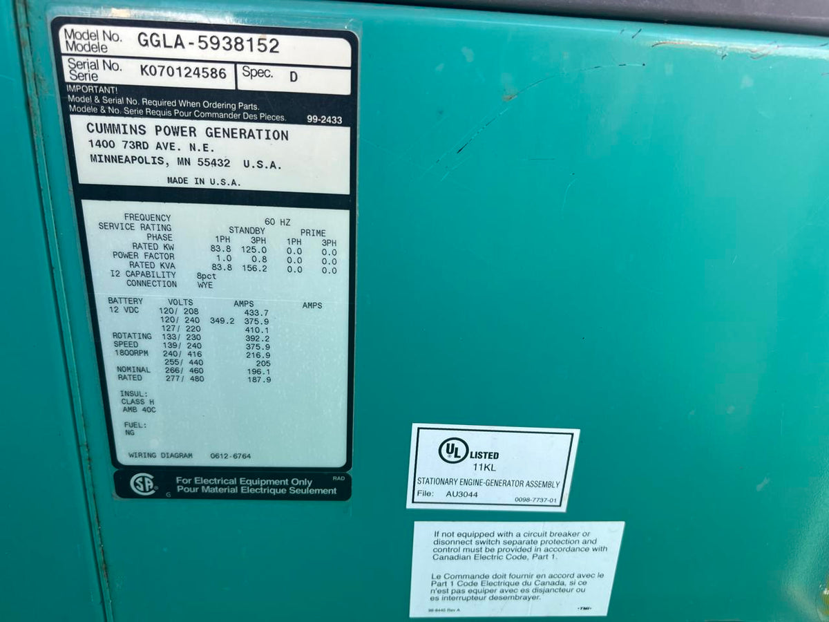 125 kW Cummins/Onan Generator, with Enclosure, 8.1 Liter PSI Engine, Year – 2007, 365 Hours, Natural Gas or Propane