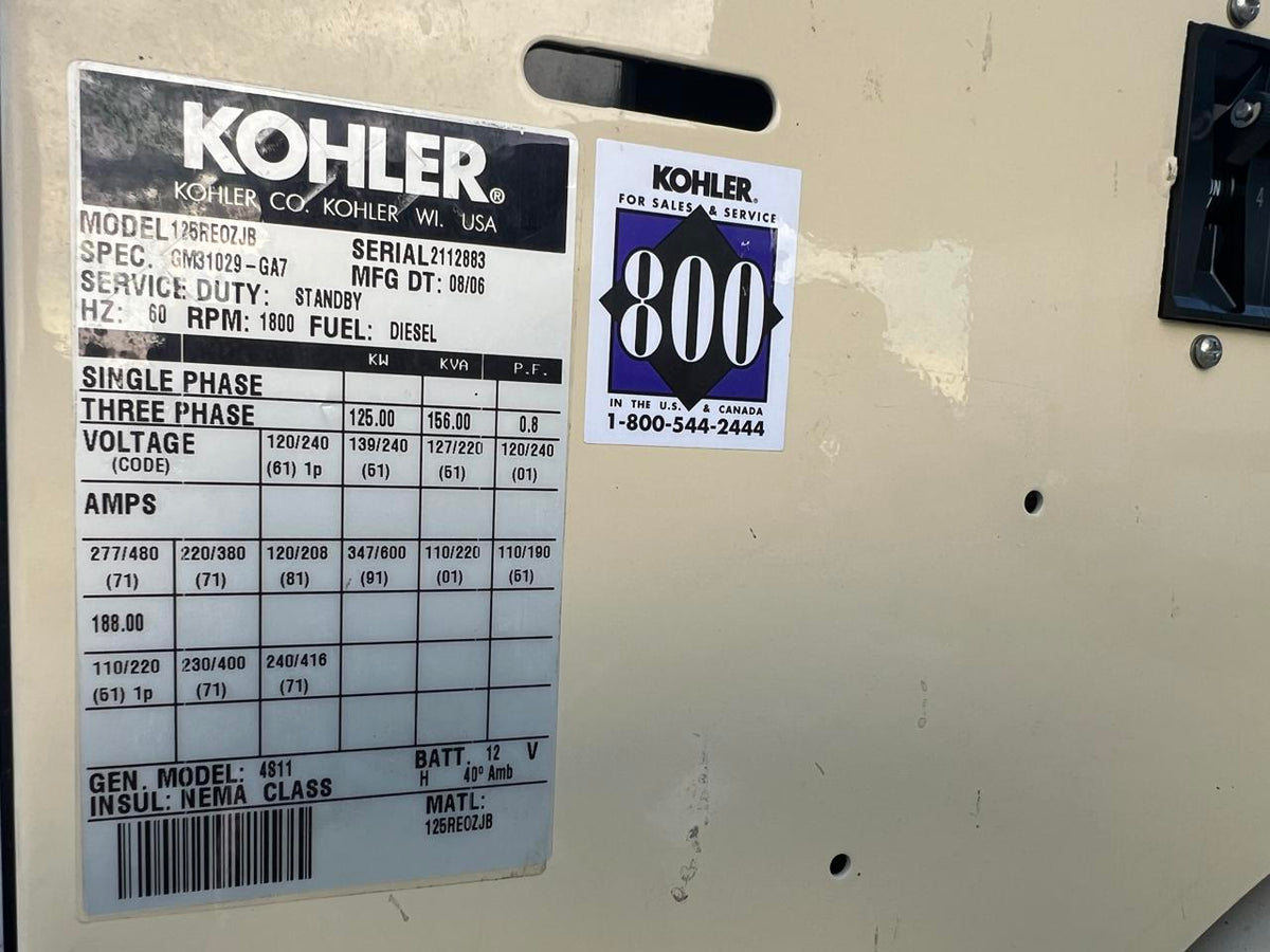 125 kW Kohler Generator, with Base Tank 6.8 Liter Mechanical John Deere Engine, Year – 2006, 607 Hours
