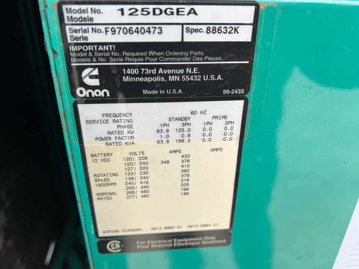 125 kW Cummins/Onan Generator, 8.3 Liter Cummins Engine, 1125 Hours, with Sound Attenuated Enclosure and Base Fuel Tank