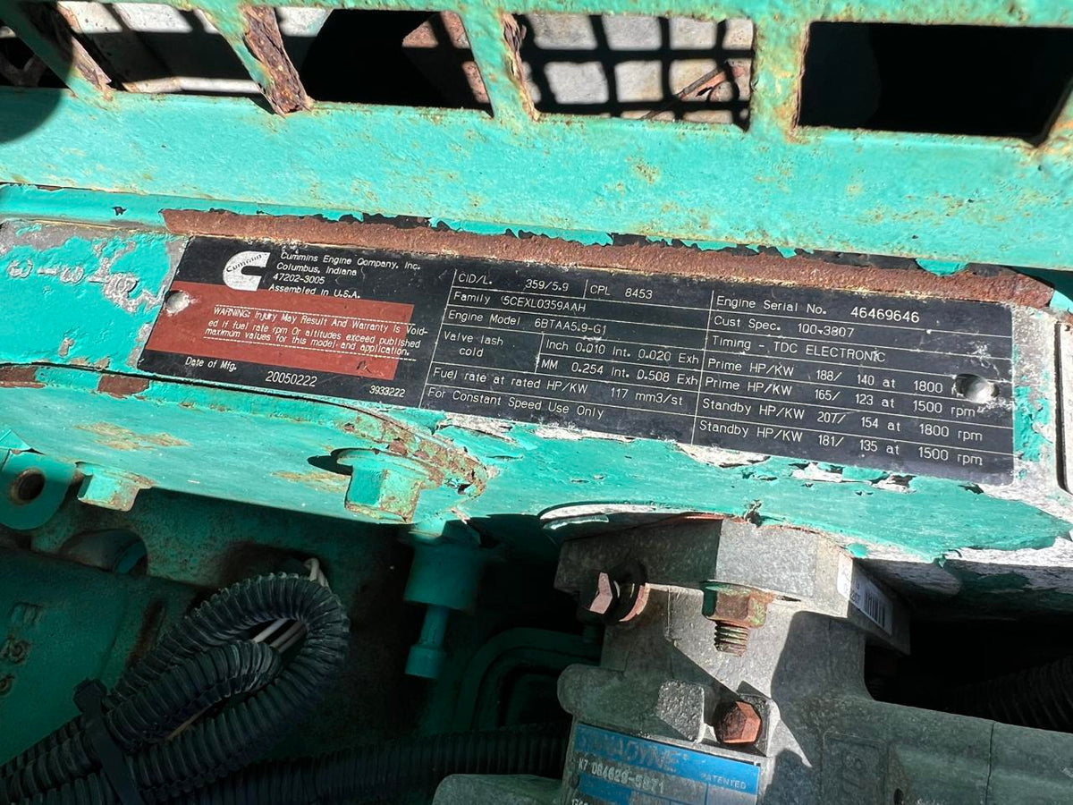 125 kW Cummins/Onan CBTA 5.9 Cummins Engine, Trailer Mounted, Year – 2005, 1092 Hours