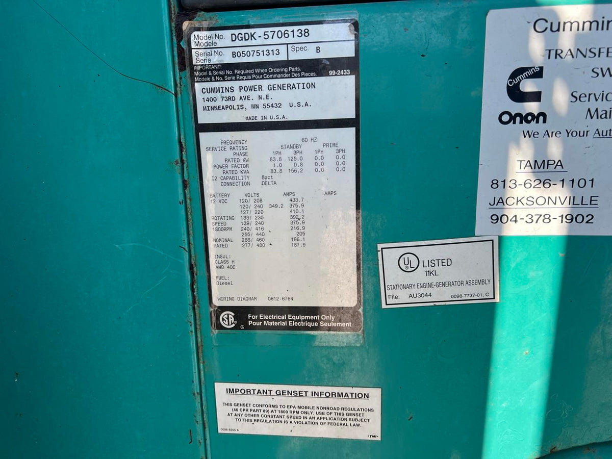 125 kW Cummins/Onan CBTA 5.9 Cummins Engine, Trailer Mounted, Year – 2005, 1092 Hours