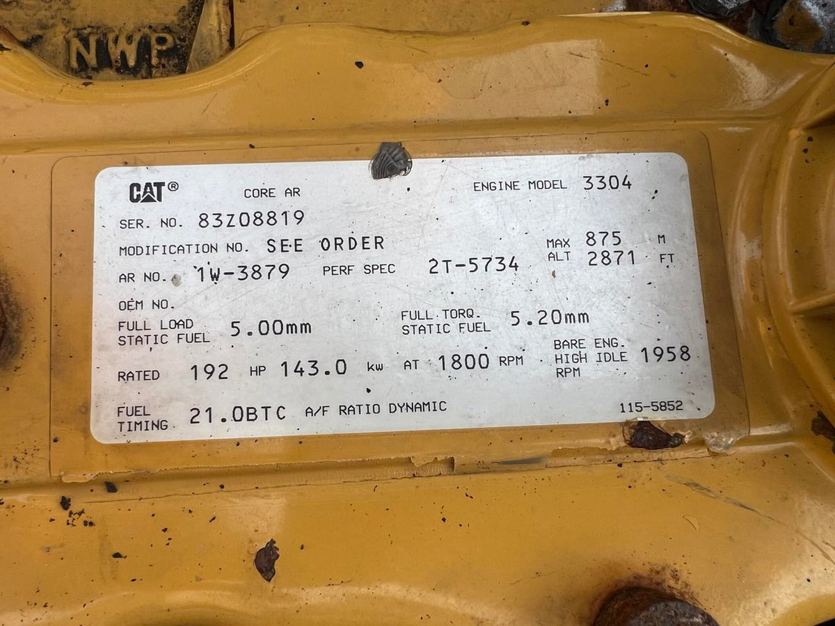 125 kW CAT Gen Set, 3304 DIT CAT Engine, Open Skid, Year – 1995, 373 Hours