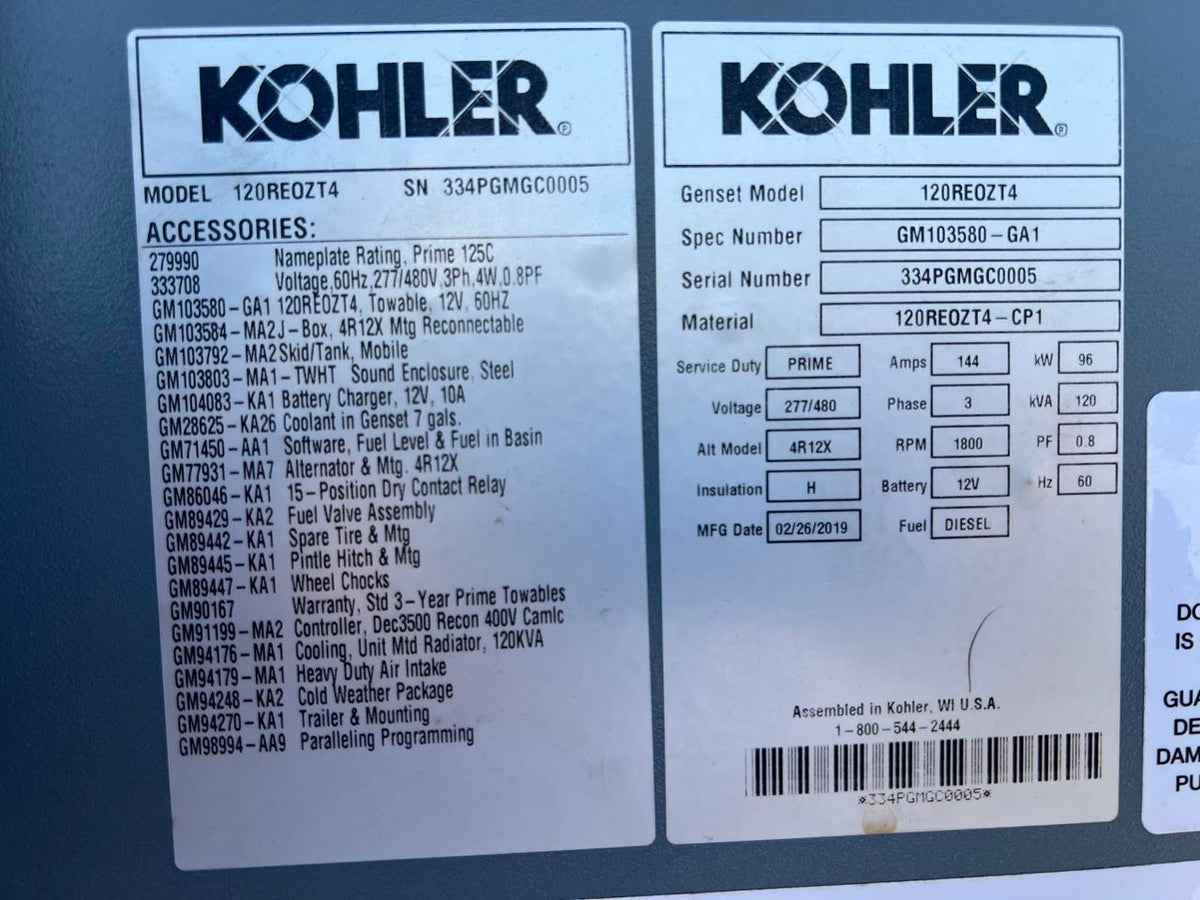 125 kW Kohler Portable Rental Grade Generator, 4.5 Liter John Deere Engine, Year – 2019, 1870 Hours, US EPA Tier 4