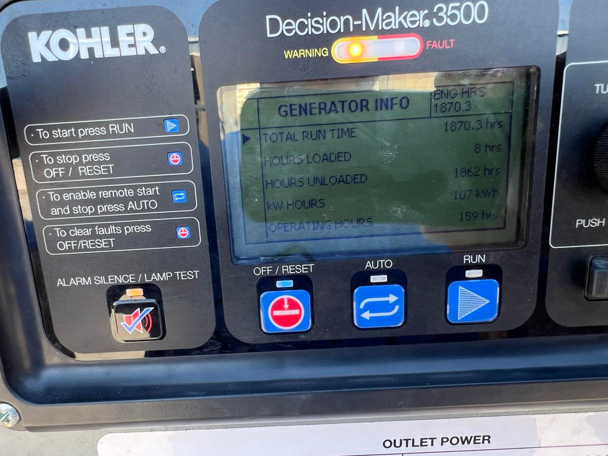 125 kW Kohler Portable Rental Grade Generator, 4.5 Liter John Deere Engine, Year – 2019, 1870 Hours, US EPA Tier 4