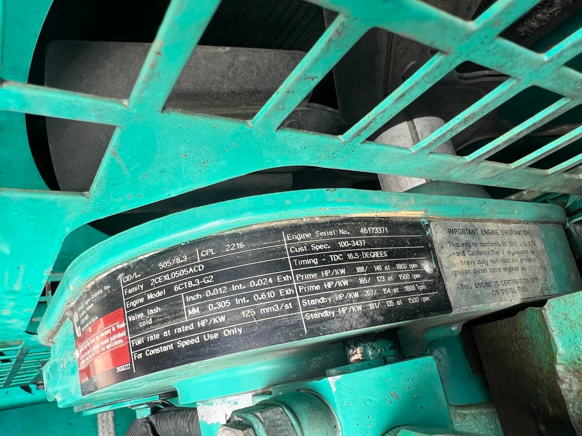 125 kW Cummins/Onan GenSet, with Enclosure and Base Fuel Tank, 8.3 Liter Cummins Engine, Year – 2001, 615 Hours