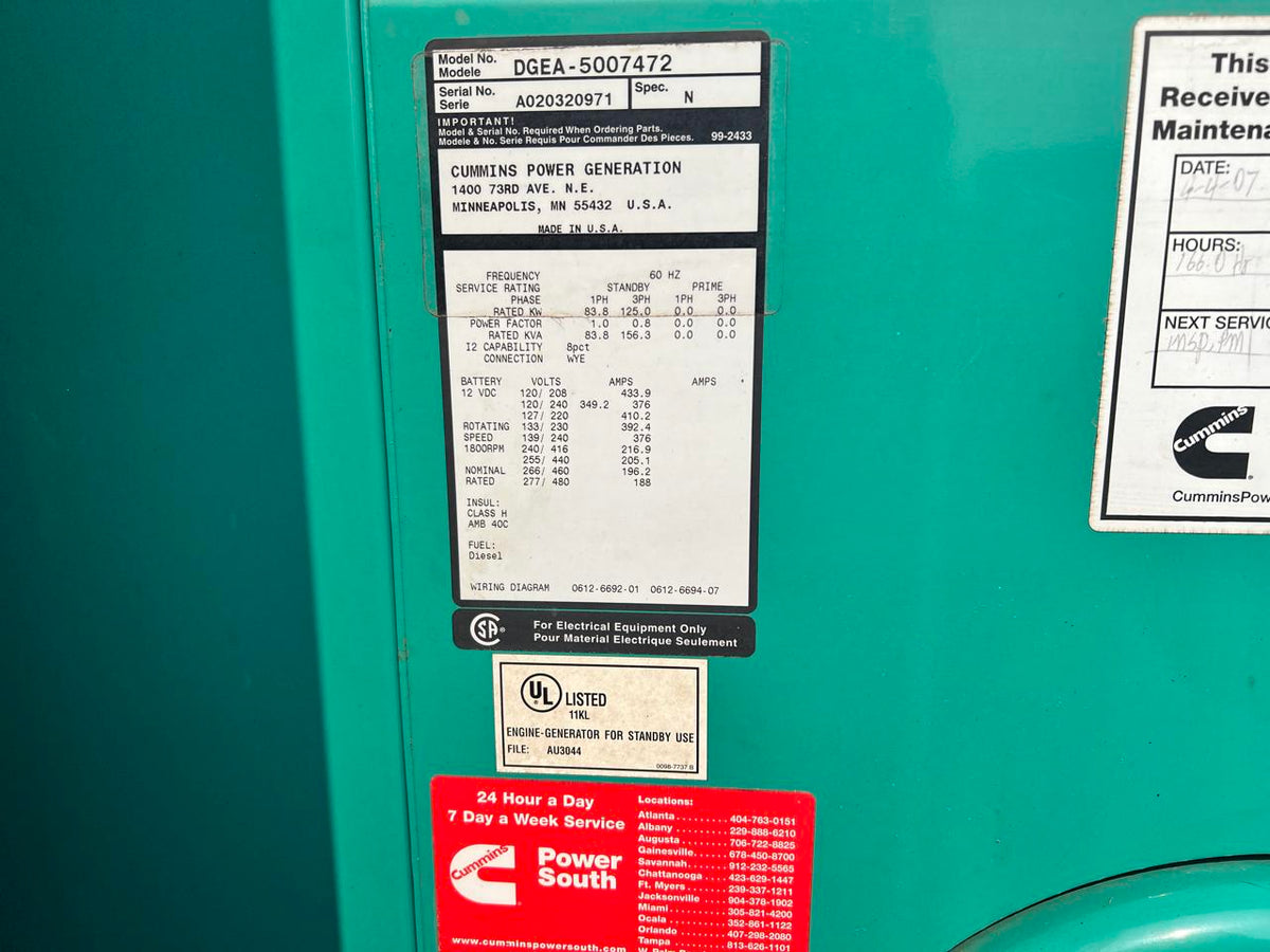 125 kW Cummins/Onan GenSet, with Enclosure and Base Fuel Tank, 8.3 Liter Cummins Engine, Year – 2001, 615 Hours