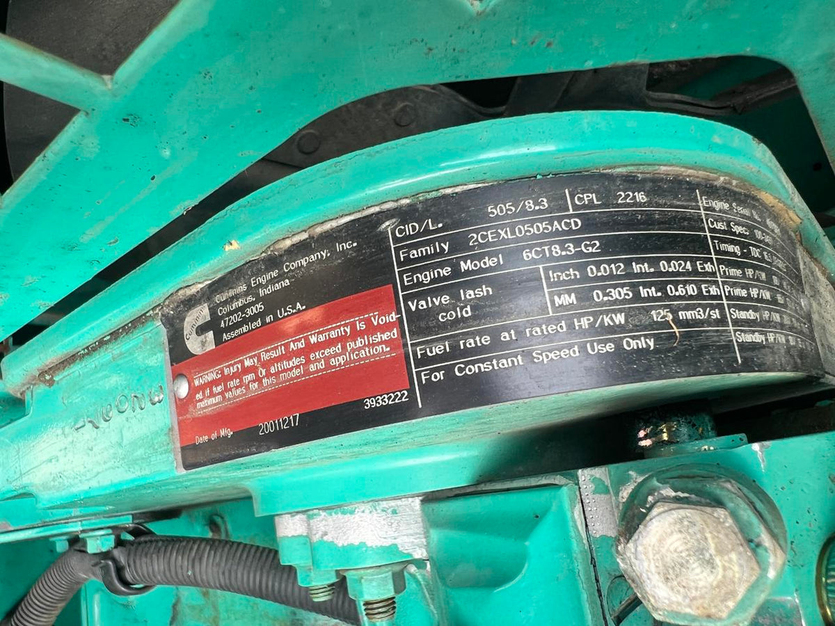 125 kW Cummins/Onan GenSet, with Enclosure and Base Fuel Tank, 8.3 Liter Cummins Engine, Year – 2001, 615 Hours