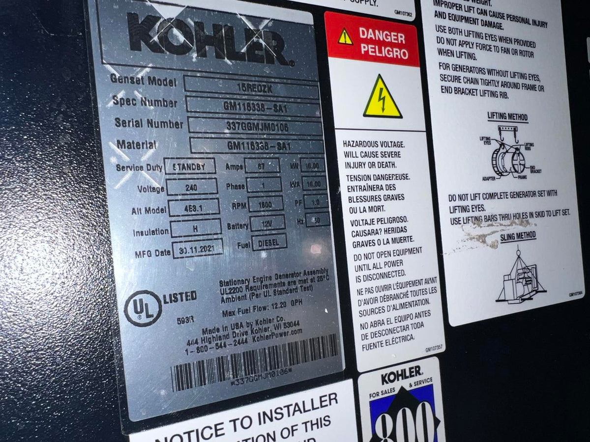 15 kW Kohler Diesel Gen Set, Year – 2021, 1 Hour, Enclosed with Sound Attenuated and Base Fuel Tank, US EPA Tier 3 Pre Emission Engine