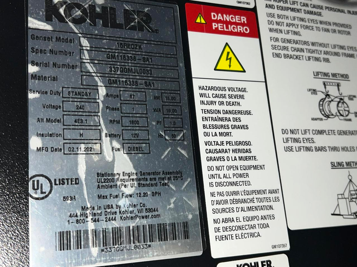 15 kW Kohler Diesel Gen Set, Year – 2021, Sound Attenuated Enclosure and Base Fuel Tank, US EPA Tier 3 Pre Emission Engine