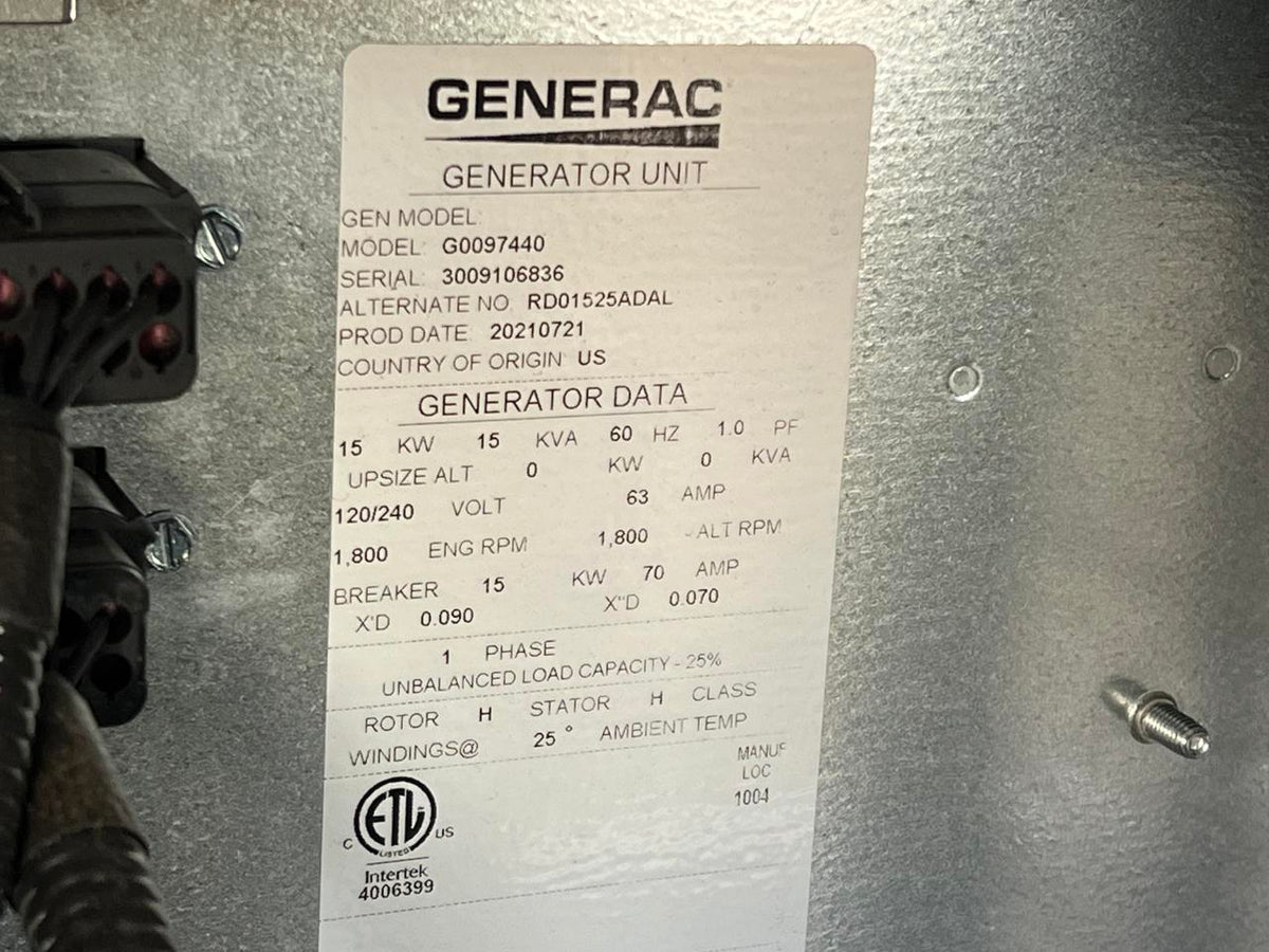 New 15KW Generac Diesel Commerical Genset, Year – 2021, 4 Hours, with Sound Attenuated Enclosure and Base Fuel Tank, US EPA Tier 3 Pre Emission Engine
