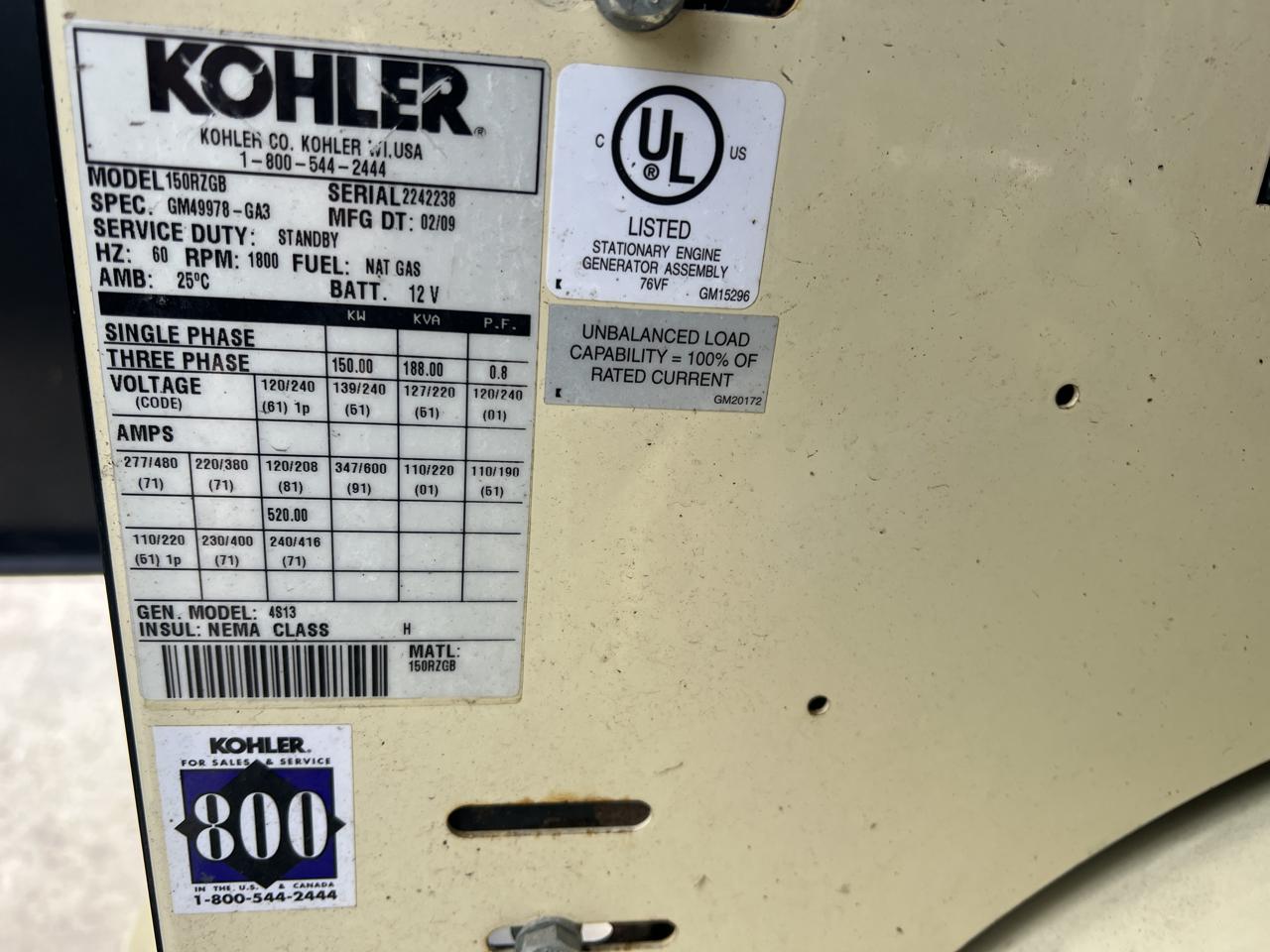 150 kW Kohler Generator GM-8.1L Engine NG/LP With Enclosure