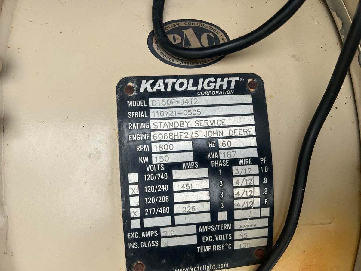 150 kW Katolight Portable Generator, with Voltage Selector Switch 6.8 Liter John Deere Engine, Year – 2005, 494 Hours