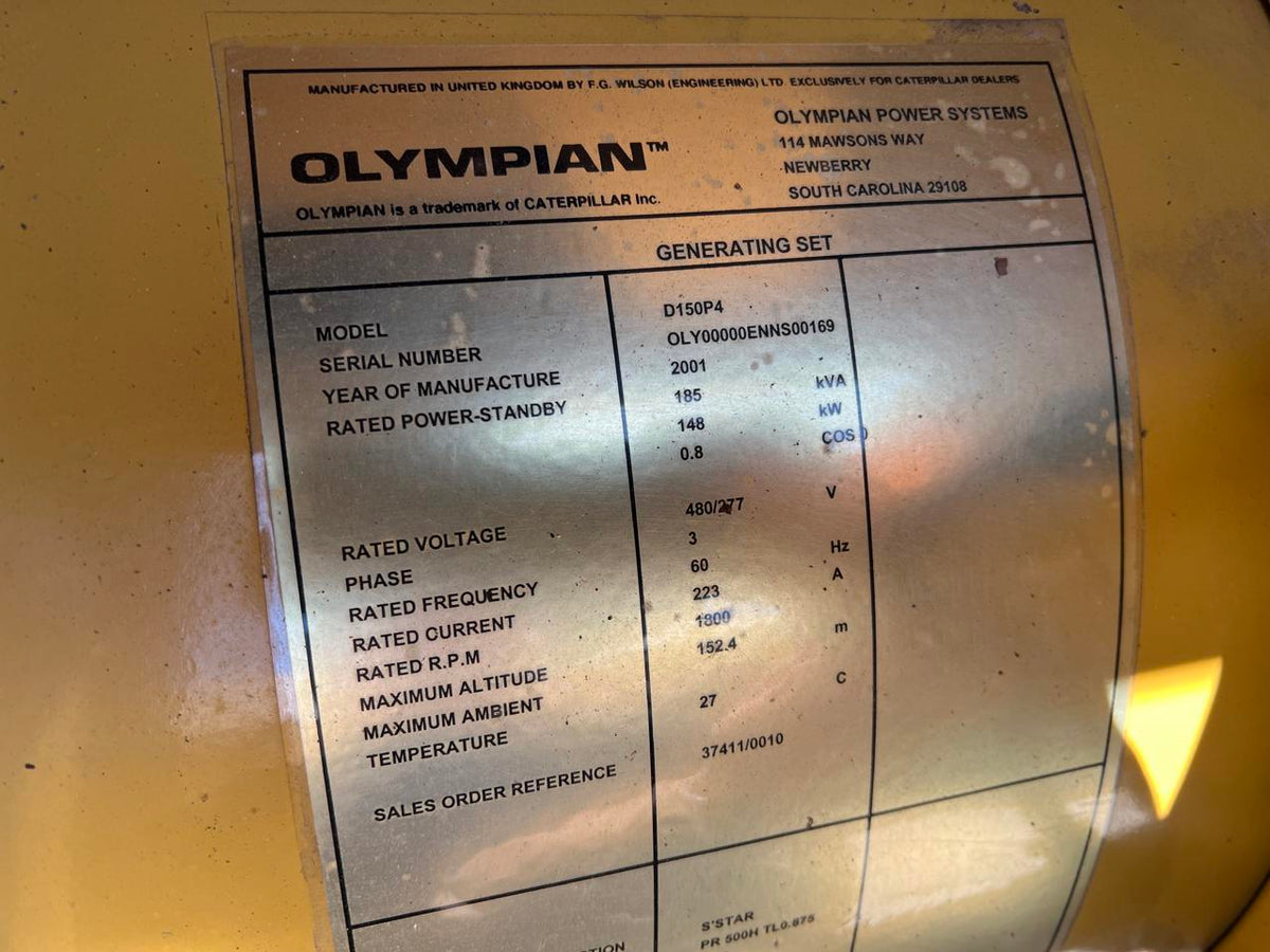 150 kW Cat/Olympian Generator, with Enclosure and Base Fuel Tank, Perkins Engine, Year – 2001, 216 Hours