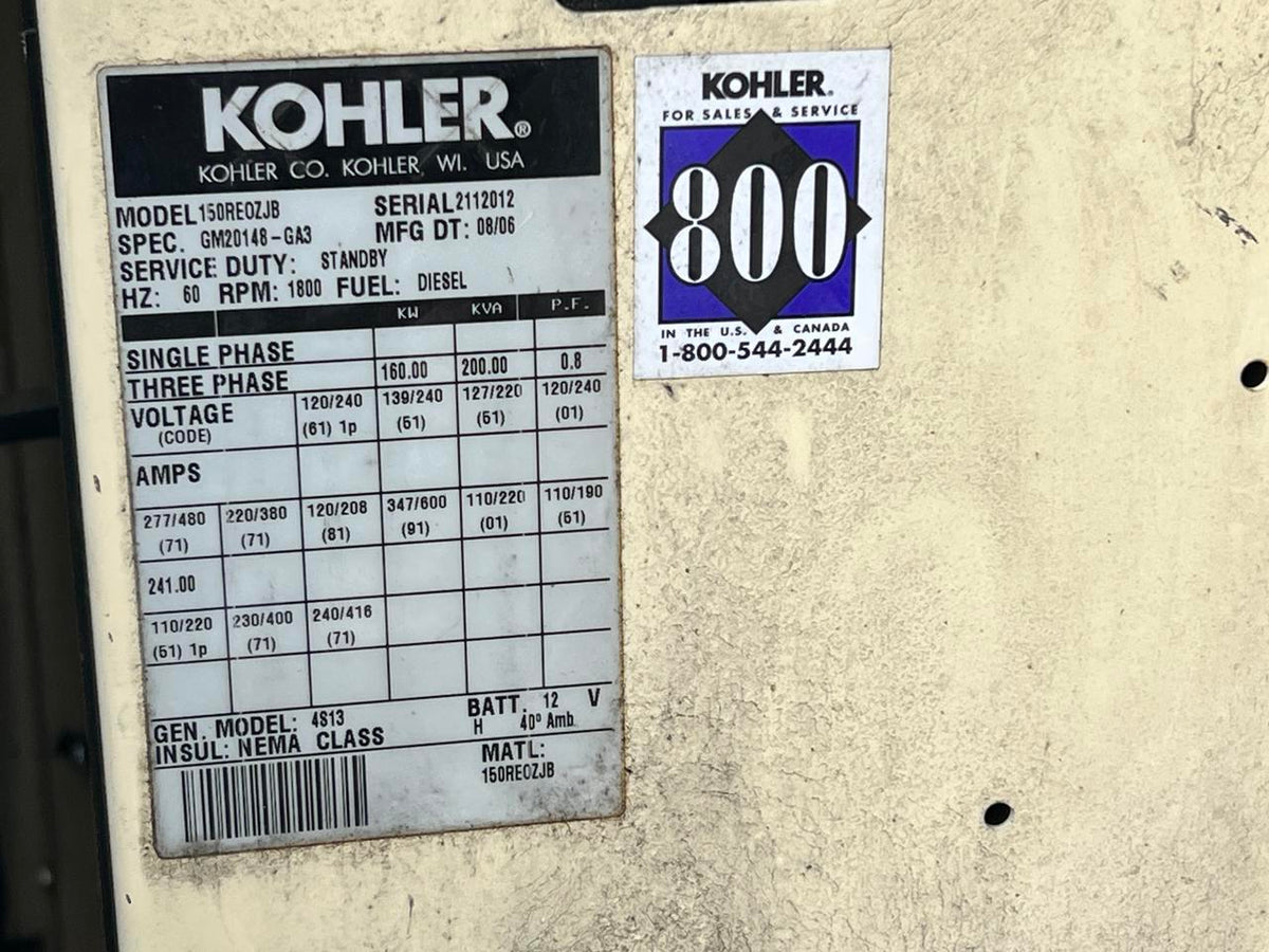 150 kW Kohler Generator, with Sound Attenuated Enclosure and Base Fuel Tank, 6.8 Liter John Deere Engine, Year – 2006, 159 Hours
