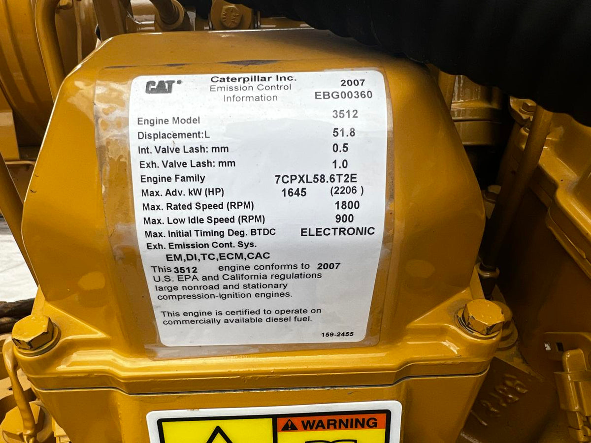 1500 kW 3512C CAT Gen Set , Year – 2008, open skid, 625 Hours, 4160 Volts, US EPA Tier 2 Flex Pre Emissions