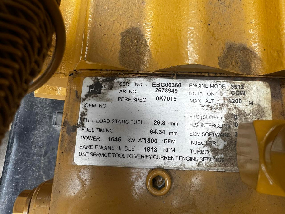 1500 kW 3512C CAT Gen Set , Year – 2008, open skid, 625 Hours, 4160 Volts, US EPA Tier 2 Flex Pre Emissions