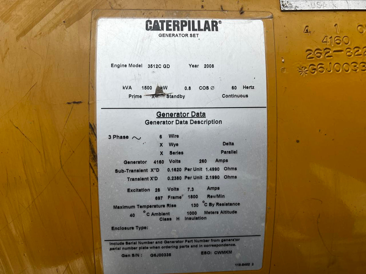 1500 kW 3512C CAT Gen Set , Year – 2008, open skid, 625 Hours, 4160 Volts, US EPA Tier 2 Flex Pre Emissions