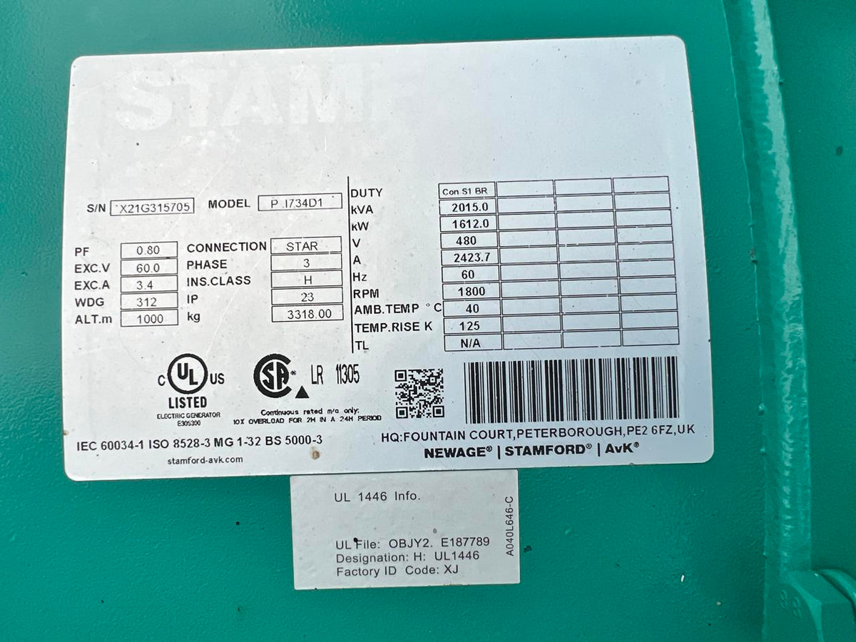 1500 kW Cummins/Onan GenSet QSK50 Liter Engine Year  2021 New Surplus 11 Hours US EPA Tier 4 with Remote after Treatment System Included DSLP1186