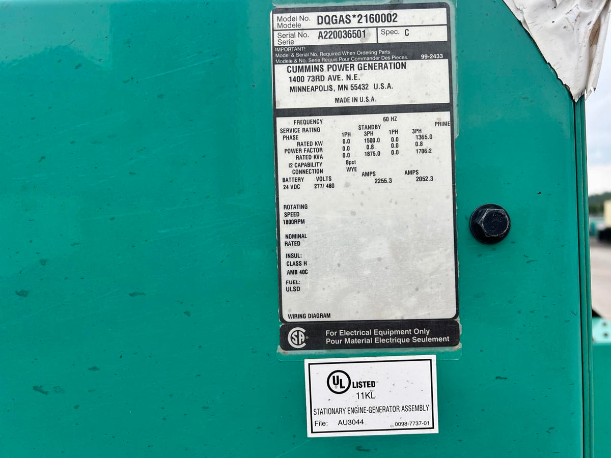 1500 kW Cummins/Onan GenSet QSK50 Liter Engine Year  2021 New Surplus 11 Hours US EPA Tier 4 with Remote after Treatment System Included DSLP1186