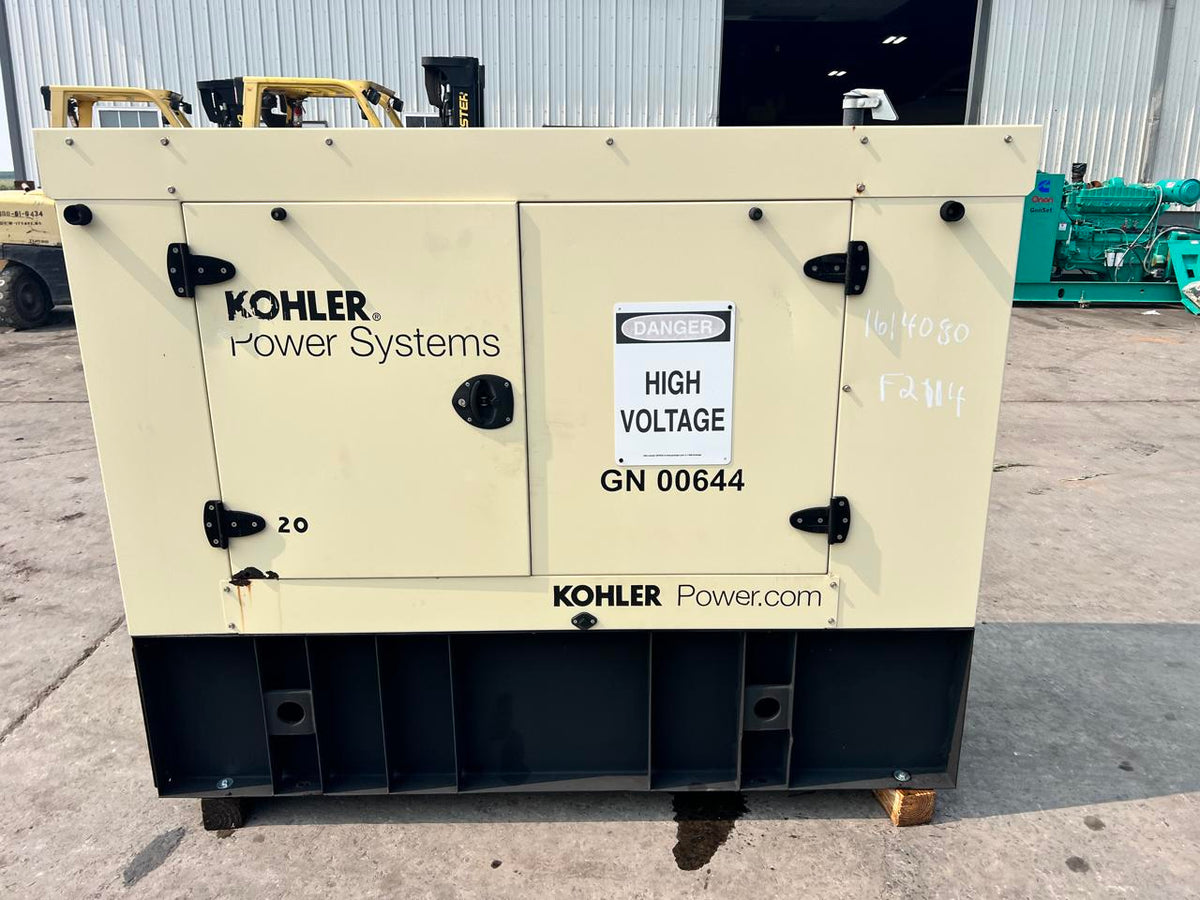 20 kW Kohler Gen Set, with Sound Attenuated Enclosure and Base Fuel Tank, Year – 2016, 240 Hours, Pre Emission Engine