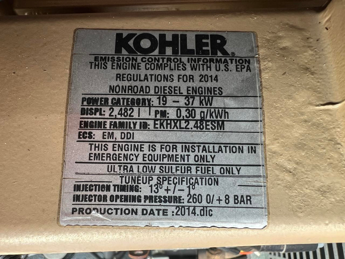 20 kW Kohler Gen Set, with Sound Attenuated Enclosure and Base Fuel Tank, Year – 2016, 240 Hours, Pre Emission Engine