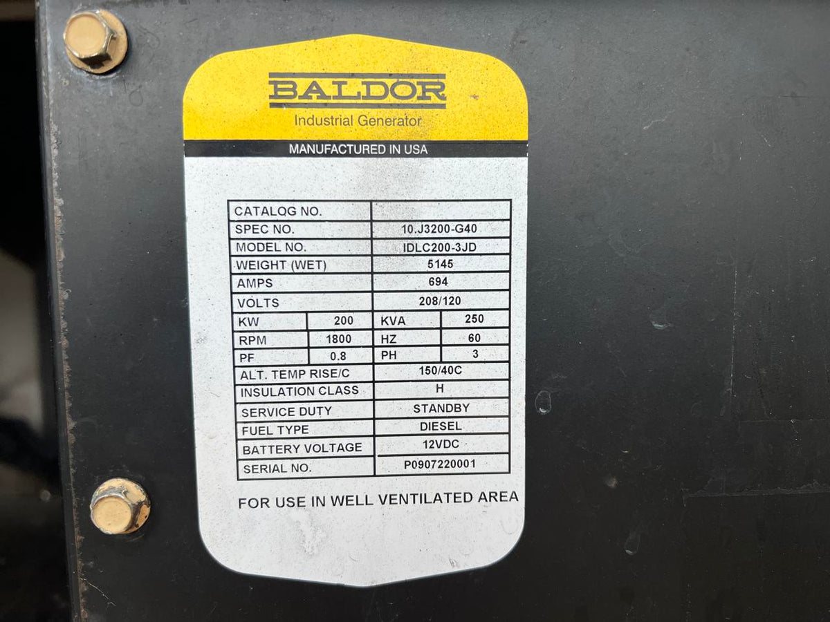 200 kW Baldor Generator with Sound Attenuated Enclosure and Base Fuel Tank, 68 Liter John Deere Engine, Year – 2009, 265 Hours, US EPA Tier 3 Pre Emissions