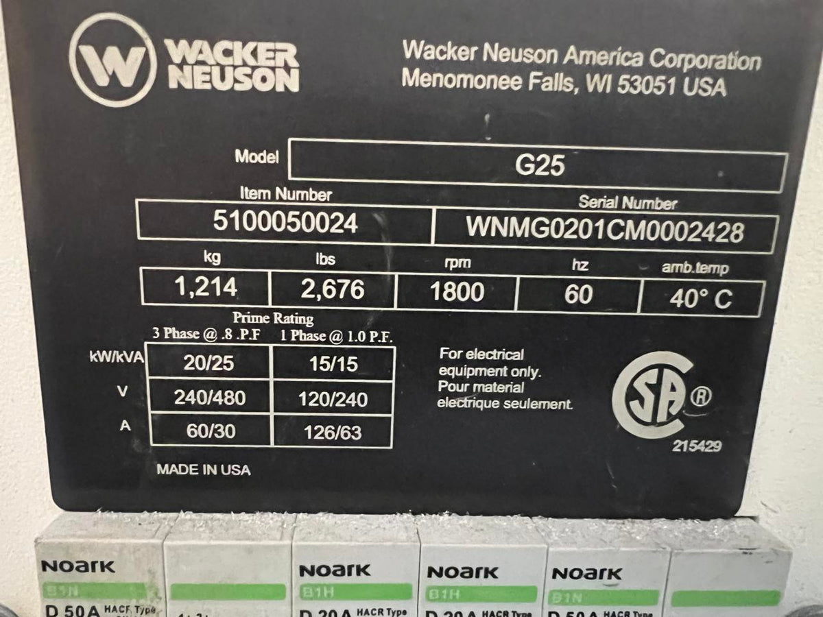 25 kW Wacker Neuson Portable Rental Grade Generator, with Voltage Selector Switch, Kohler Engine, Year – 2022, 1560 Hours