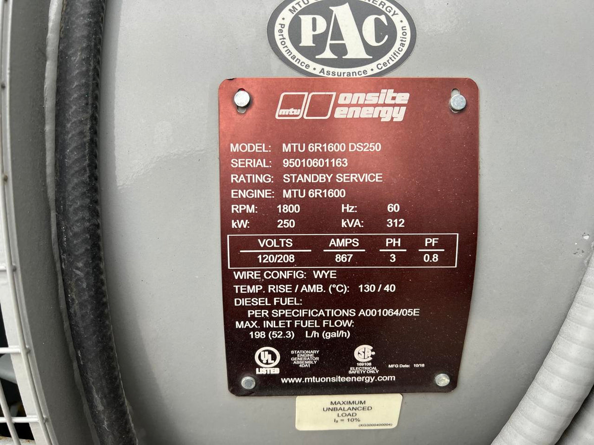250 kW MTU Genset, Open Skid, New Surplus, Year 2016, EPA Tier 3