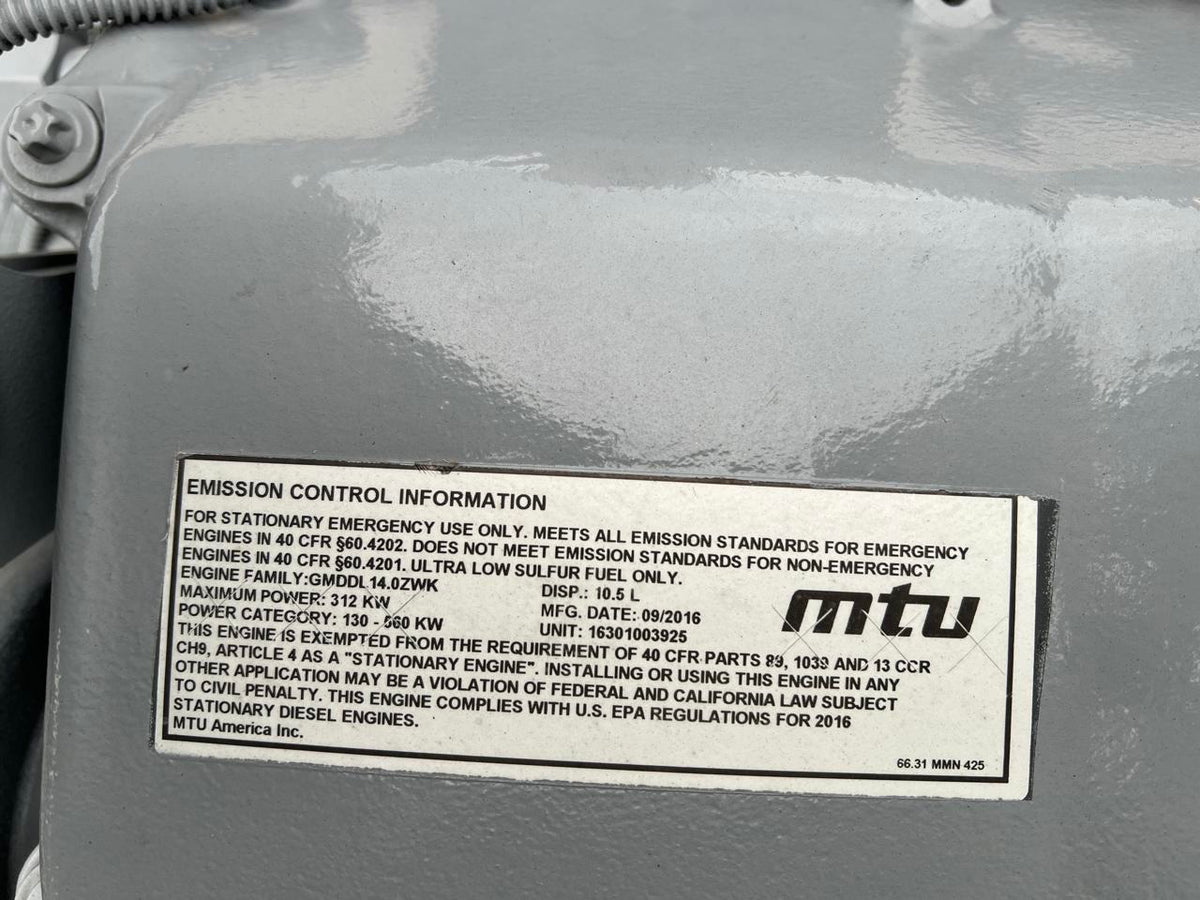 250 kW MTU Genset, Open Skid, New Surplus, Year 2016, EPA Tier 3