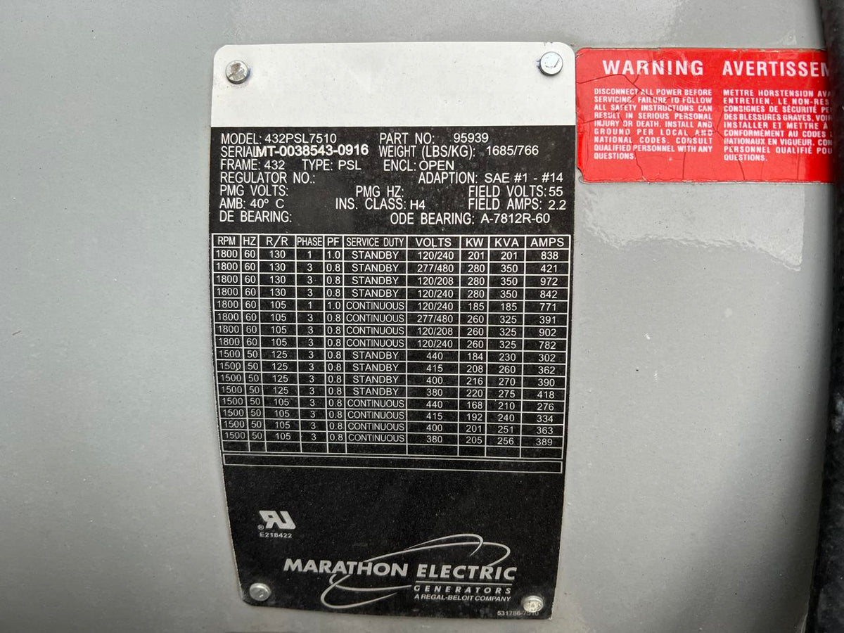250 kW MTU Genset, Open Skid, New Surplus, Year 2016, EPA Tier 3