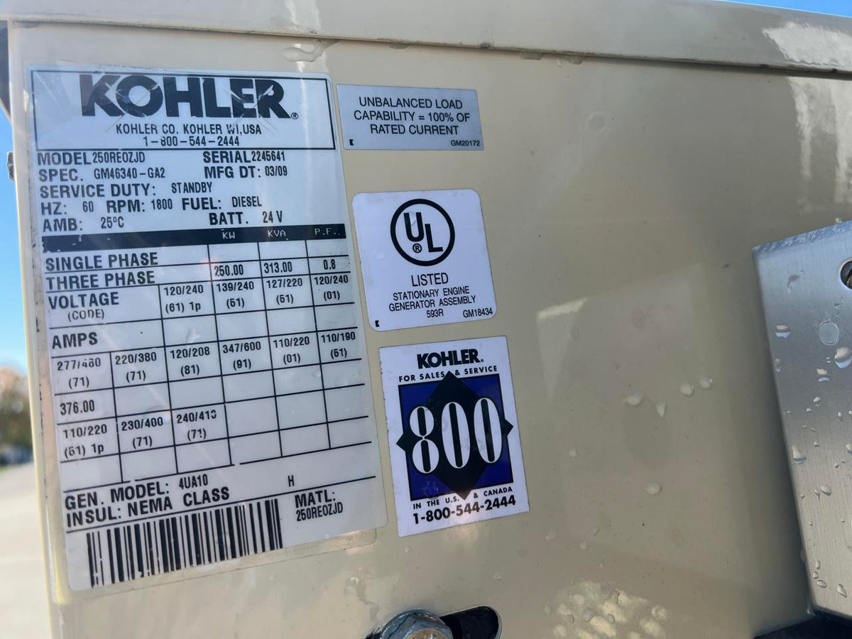 250 kW Kohler Generator, with Base Fuel Tank, 9.0 Liter John Deere Engine, Year – 2009, 15 Hours, US EPA Tier 3, Pre Emission Engine