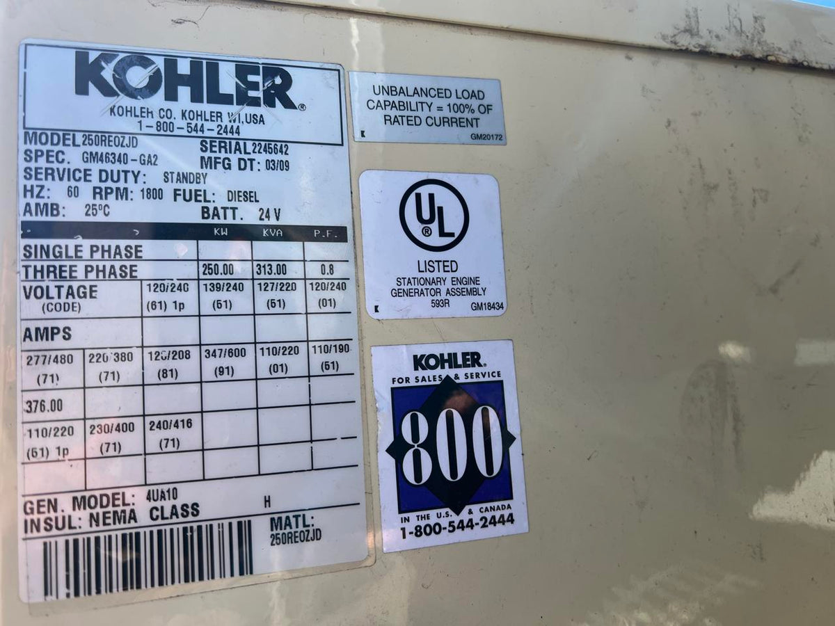 250 kW Kohler, with Base Fuel Tank, 9.0 Liter John Deere Engine, Open Skid, Year – 2009, 4 Hours, US EPA Tier 3 Pre Emission Engine