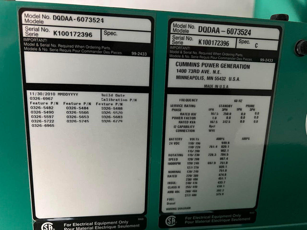 250 kW Cummins/Onan GenSet, with Sound Proof Enclosure and Base Fuel Tank 9 Liter Engine, Year – 2010, 562 Hours, US EPA Tier 3 Pre Emission Engine