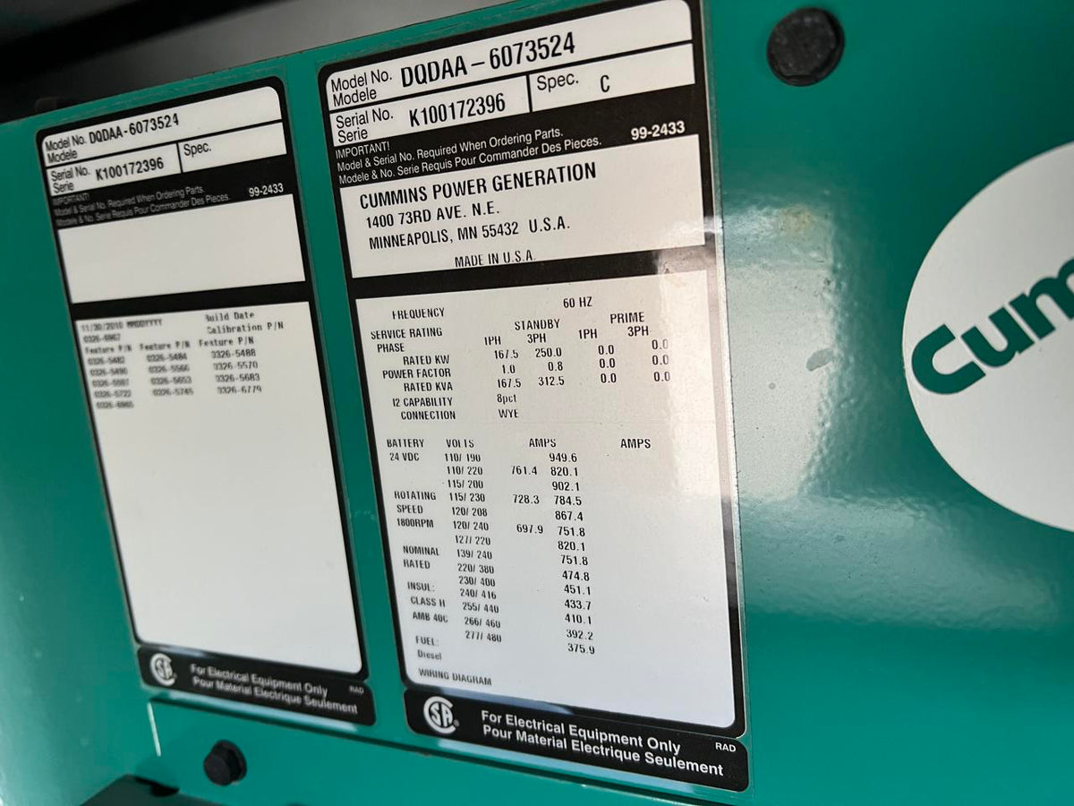 250 kW Cummins/Onan GenSet, with Sound Proof Enclosure and Base Fuel Tank 9 Liter Engine, Year – 2010, 562 Hours, US EPA Tier 3 Pre Emission Engine