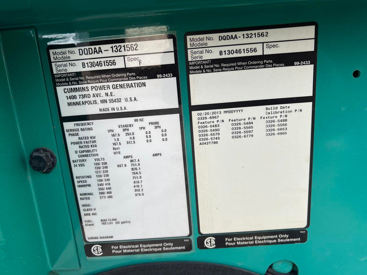 250 kW Onan/Cummins Gen Set, 9 Liter QSL 9 Engine, Year – 2013, 876 Hours