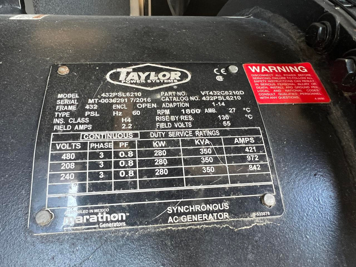 250 kW Taylor Generator, with Sound Attenuated Enclosure and Base Fuel Tank 6.6 CAT/Perkins Engine, Year – 2016, 361 Hours