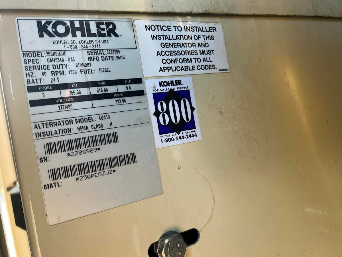 255 kW Kohler Generator, with Sound Attenuated Enclosure and Base Fuel Tank, 9.0 Liter John Deere Engine, Year – 2010, 223 Hours, US EPA Tier 3 Pre Emission Flex Engine