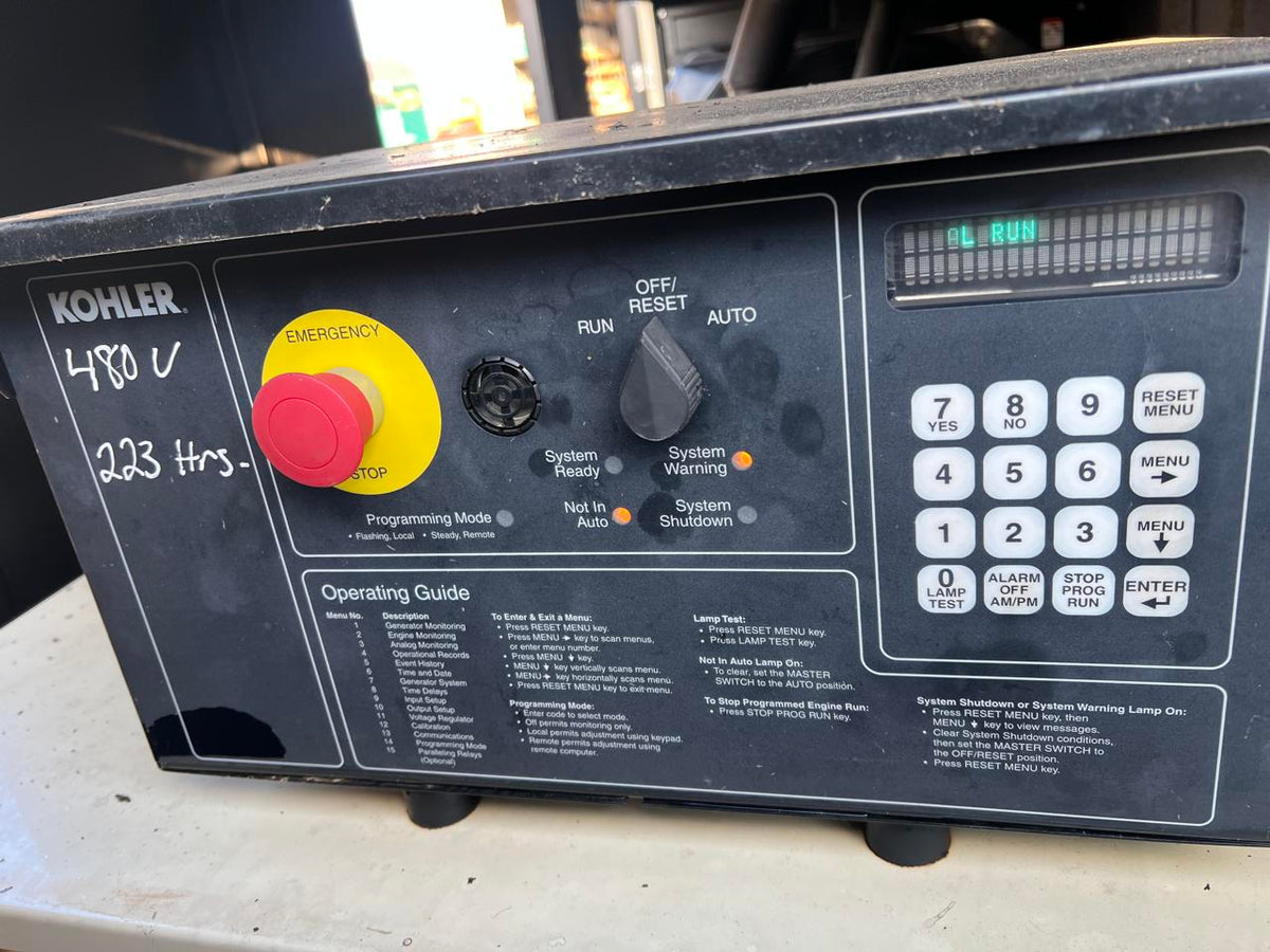 255 kW Kohler Generator, with Sound Attenuated Enclosure and Base Fuel Tank, 9.0 Liter John Deere Engine, Year – 2010, 223 Hours, US EPA Tier 3 Pre Emission Flex Engine