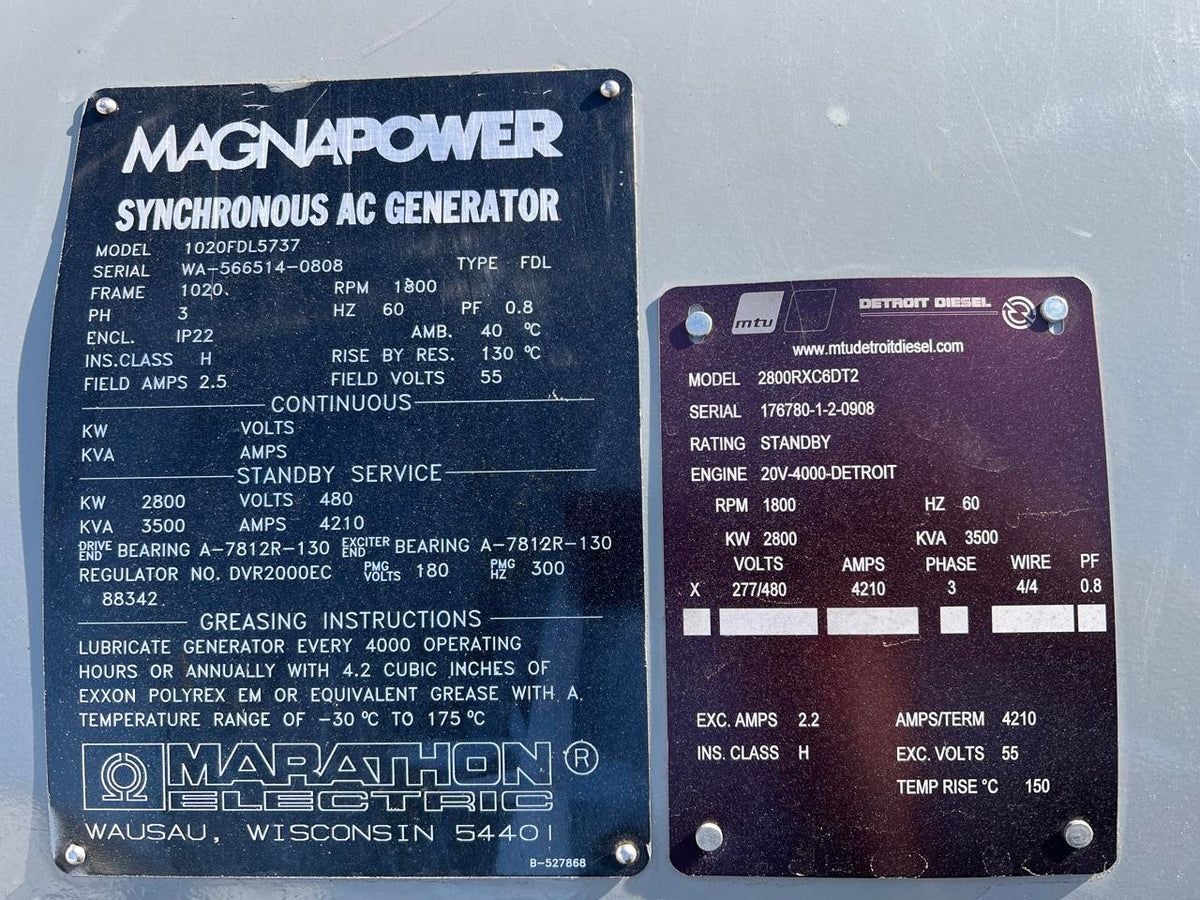 2800 kW MTU GenSet, 20 V 4000 Diesel Engine, Year – 2008, 406 Hours, US EPA Tier 2 Pre Emission Engine