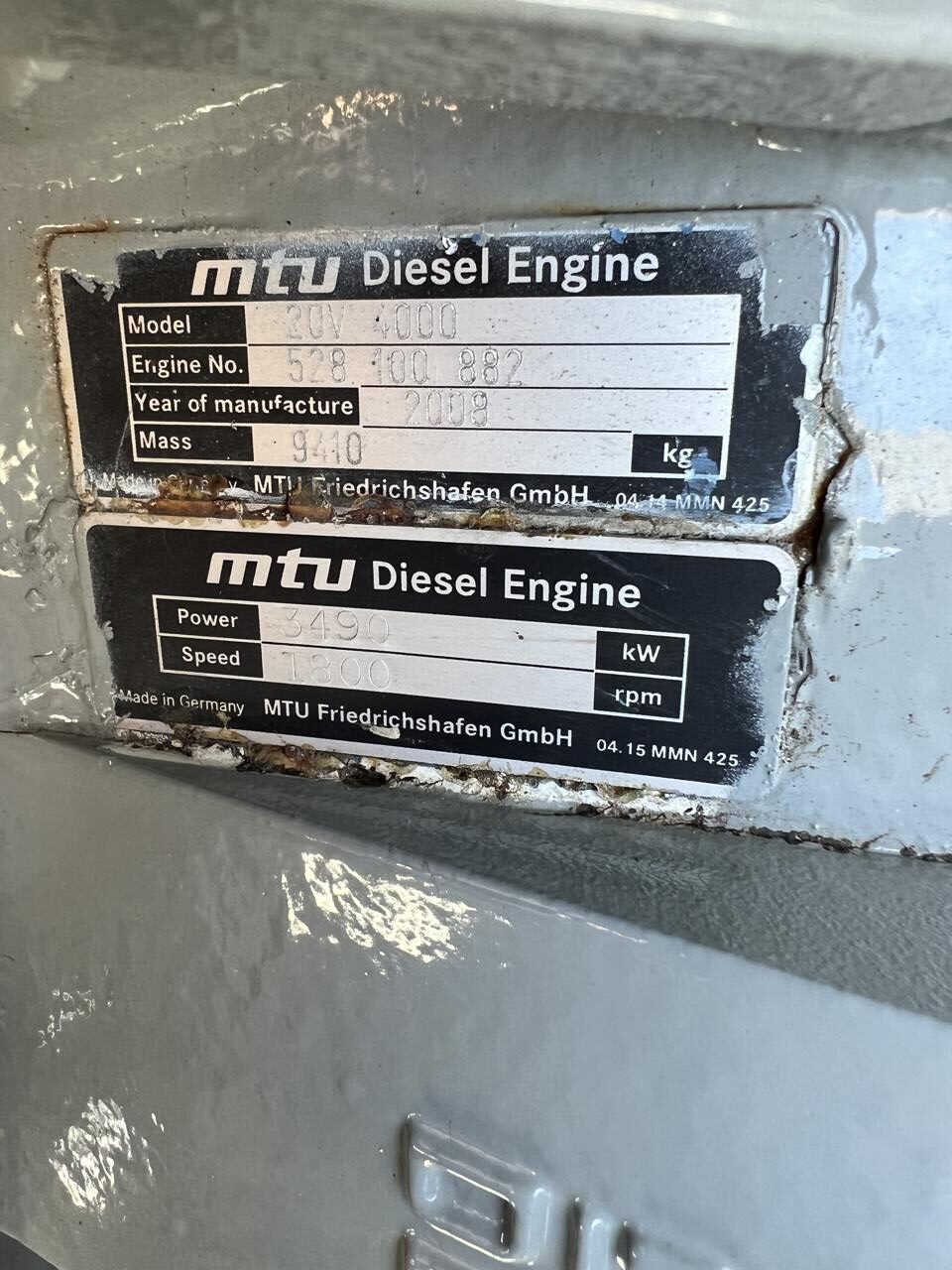 2800 kW MTU GenSet, 20 V 4000 Diesel Engine, Year – 2008, 406 Hours, US EPA Tier 2 Pre Emission Engine