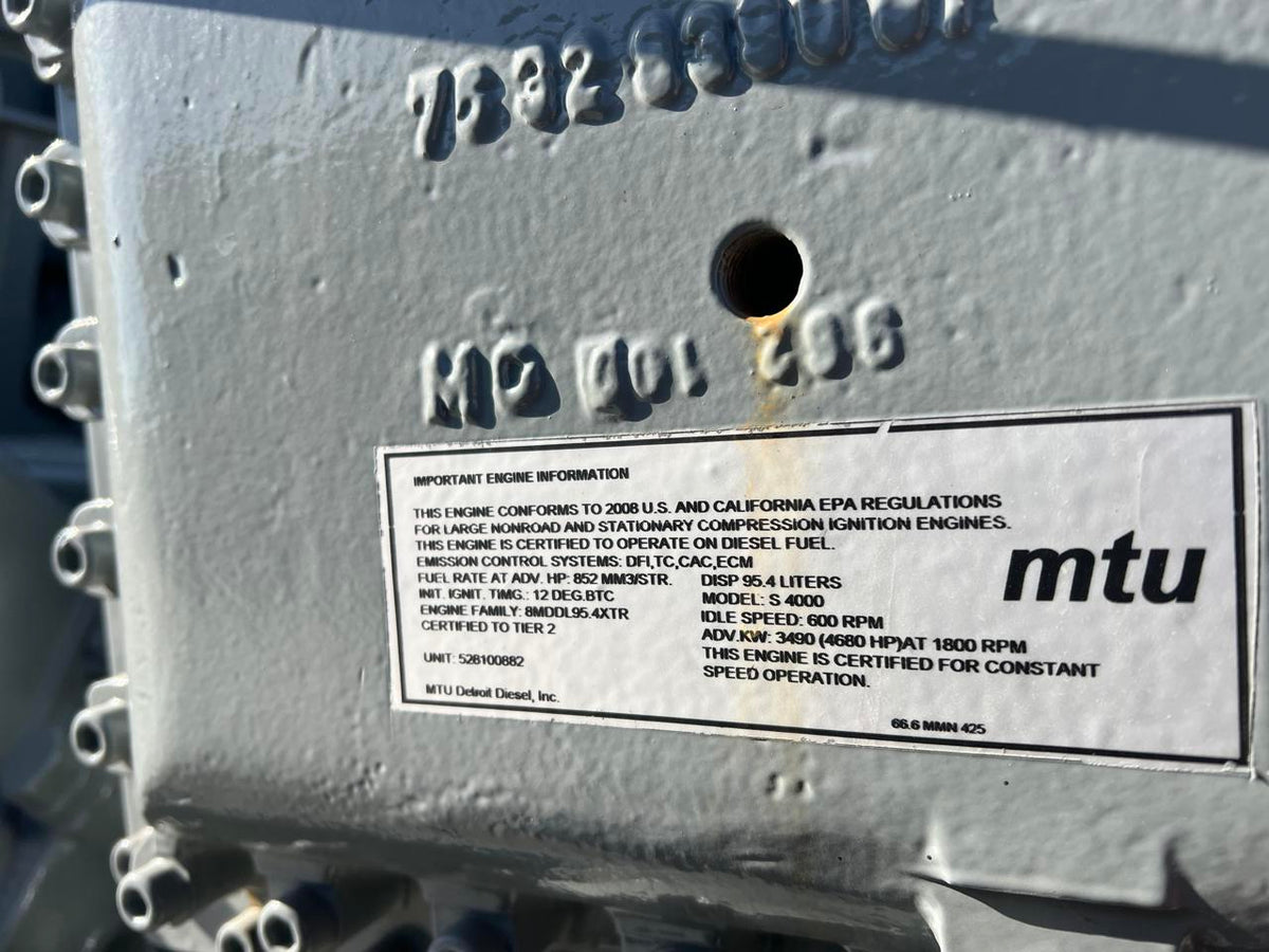 2800 kW MTU GenSet, 20 V 4000 Diesel Engine, Year – 2008, 406 Hours, US EPA Tier 2 Pre Emission Engine