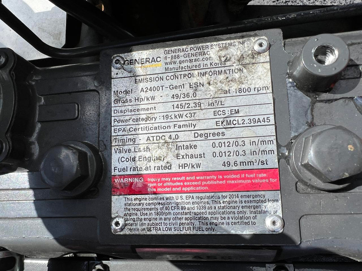 30 kW Generac Generator Set, Year 2015, 154 Hours, Base Fuel Tank, US EPA Tier 3