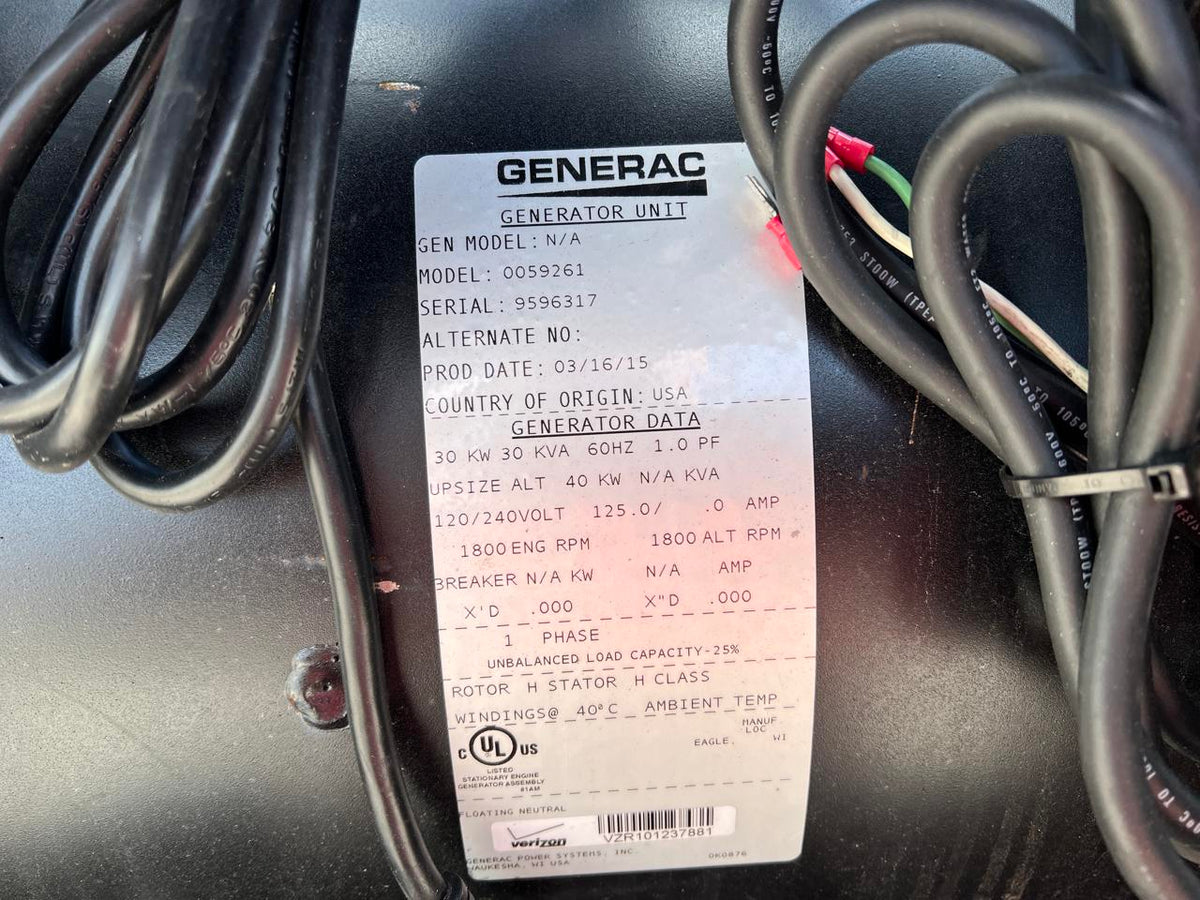 30 kW Generac Generator Set, Year 2015, 154 Hours, Base Fuel Tank, US EPA Tier 3